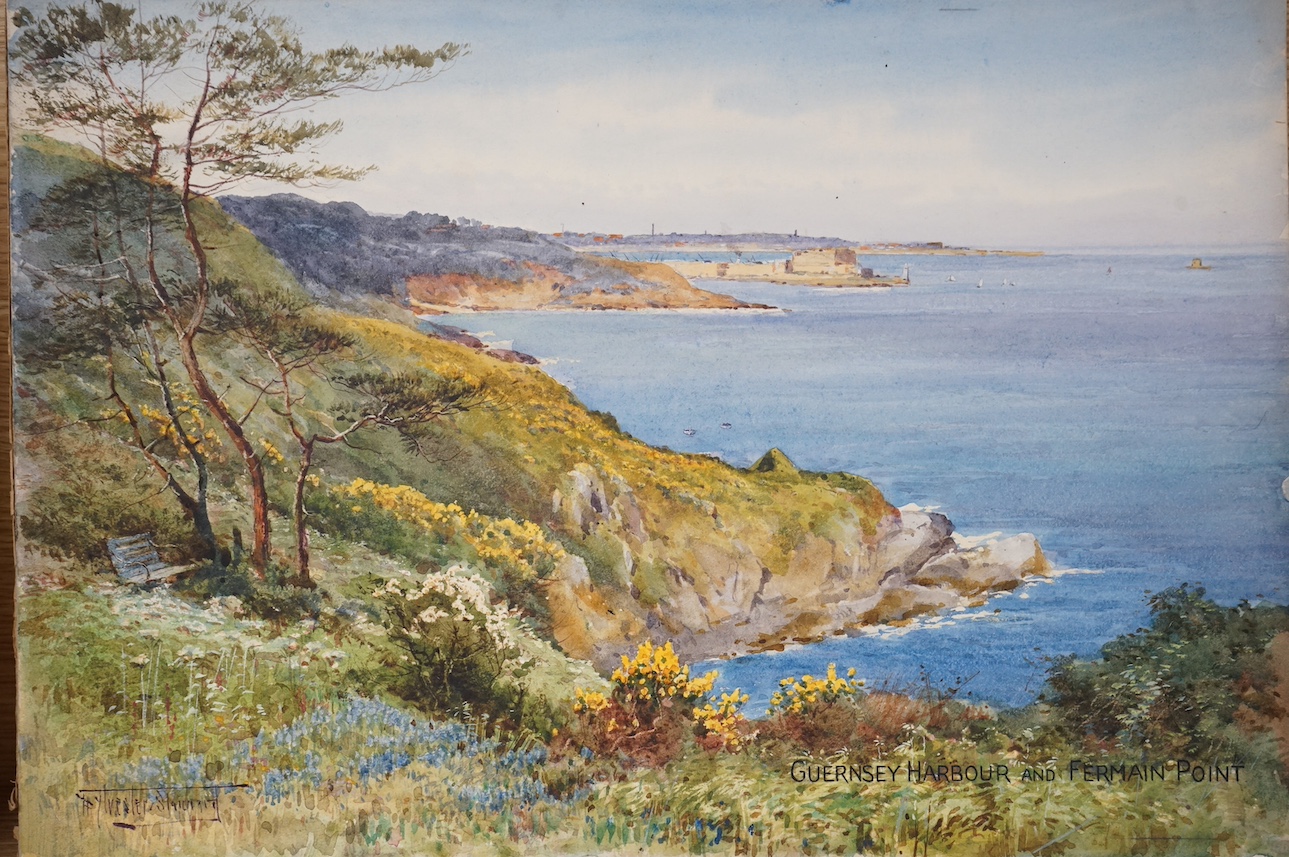 Henry John Sylvester Stannard (1870-1951), a set of three watercolours, Channel Islands; Views of Jersey and Guernsey to include Fermanagh Point and Waterworks Valley, two signed, 27 x 40cm, unframed. Condition - fair-go